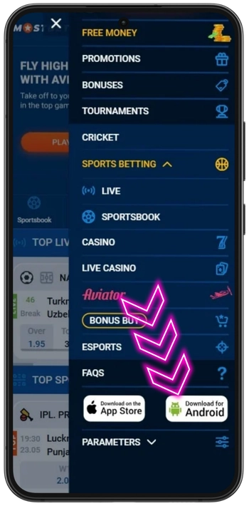 Step 2 of Mostbet Casino Android installation: locate the App section in the site menu