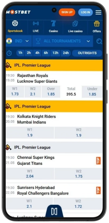 Sports betting section in the Mostbet Casino app showing live and pre-match markets