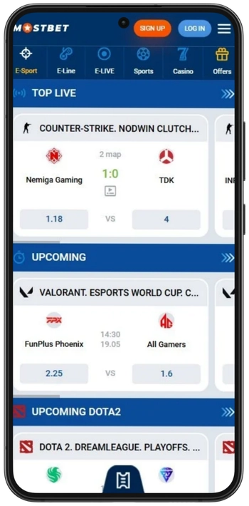 eSports betting markets in the Mostbet Casino app including CS2 and Dota 2