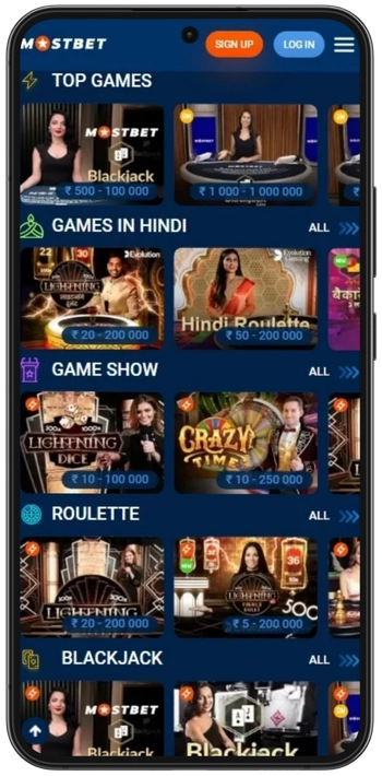 Live casino section in the Mostbet Casino app with real-time dealer games