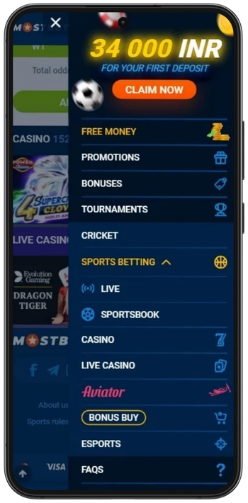 Main navigation menu of the Mostbet Casino app on a mobile device